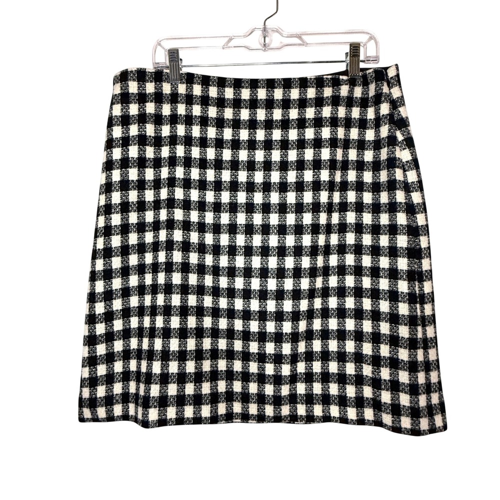 Talbots Black White Gingham Wool Blend A Line Skirt 12 Preppy Academia side zip